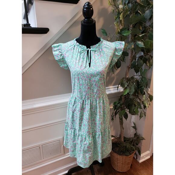 Time and Tru Dress Women Size XXL Green Pink Floral Cotton Ruffle Tiered Casual - Picture 1 of 13